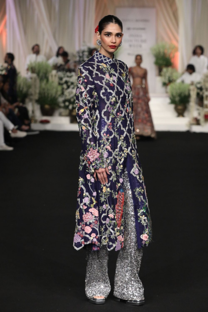 Birds Of Paradise Silk Organza Kalidar Kurta with Sequinence Hand-Sequinned Trousers in Navy and Black
