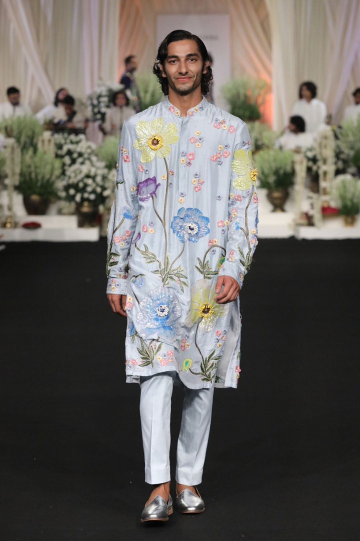 Peonies Hand-Embroidered Kurta in Poweder Blue