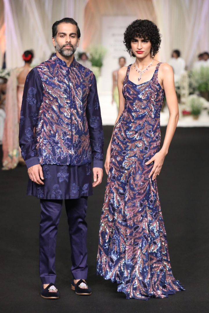 Leaf Textured Hand-Embroidered Gown in Navy