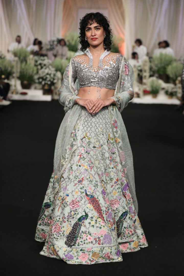 Birds Of Paradise Lehenga, Leaf Textured Blouse &amp; Dupatta in Mint, Silver, and Nude