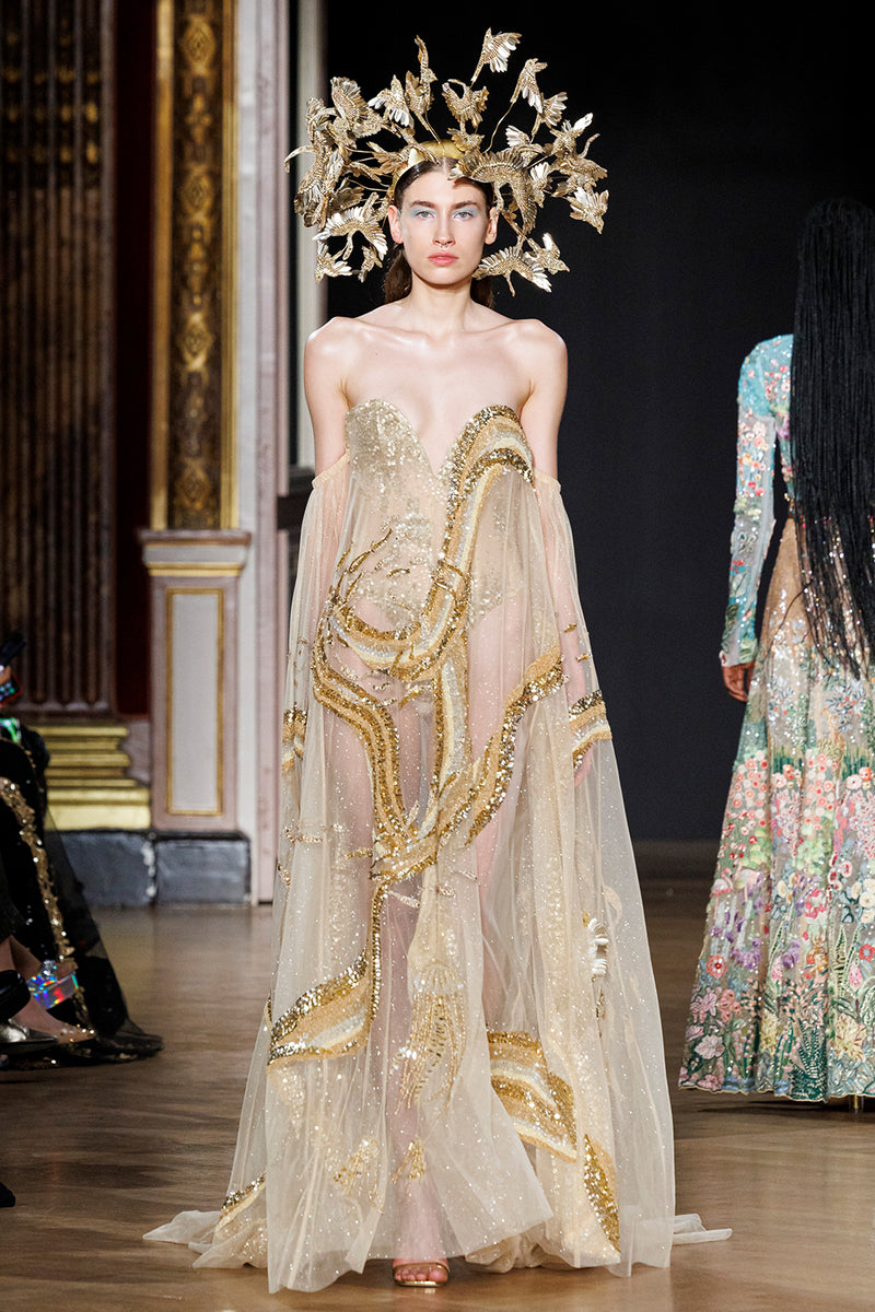 Cosmos Gold River Sequin Embellished Offshoulder Corsetted Cape Gown ...
