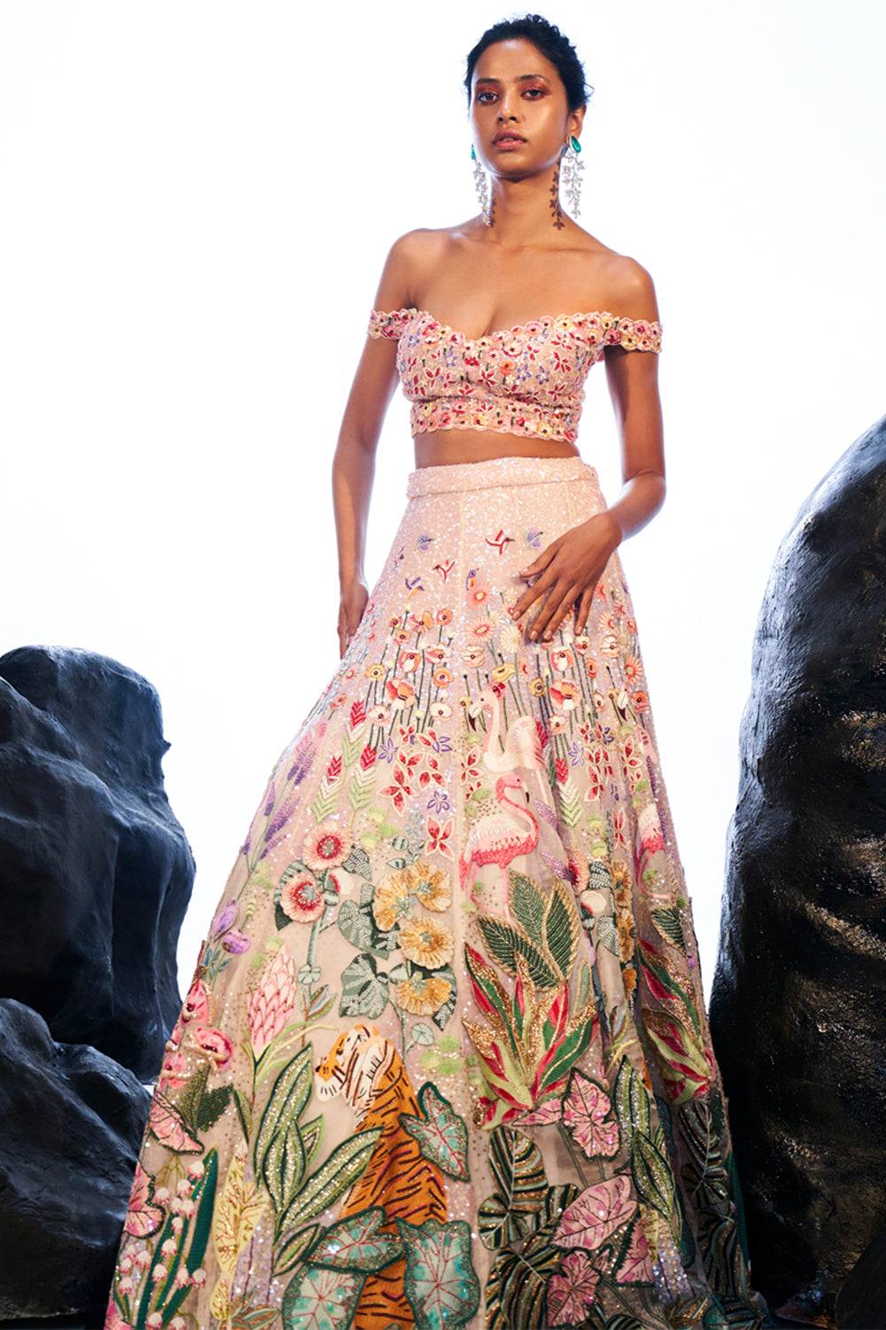 Verdure Hand-Embroidered Blouse with Hand-Sequinned Lehenga in Rose Water Pink and Multi