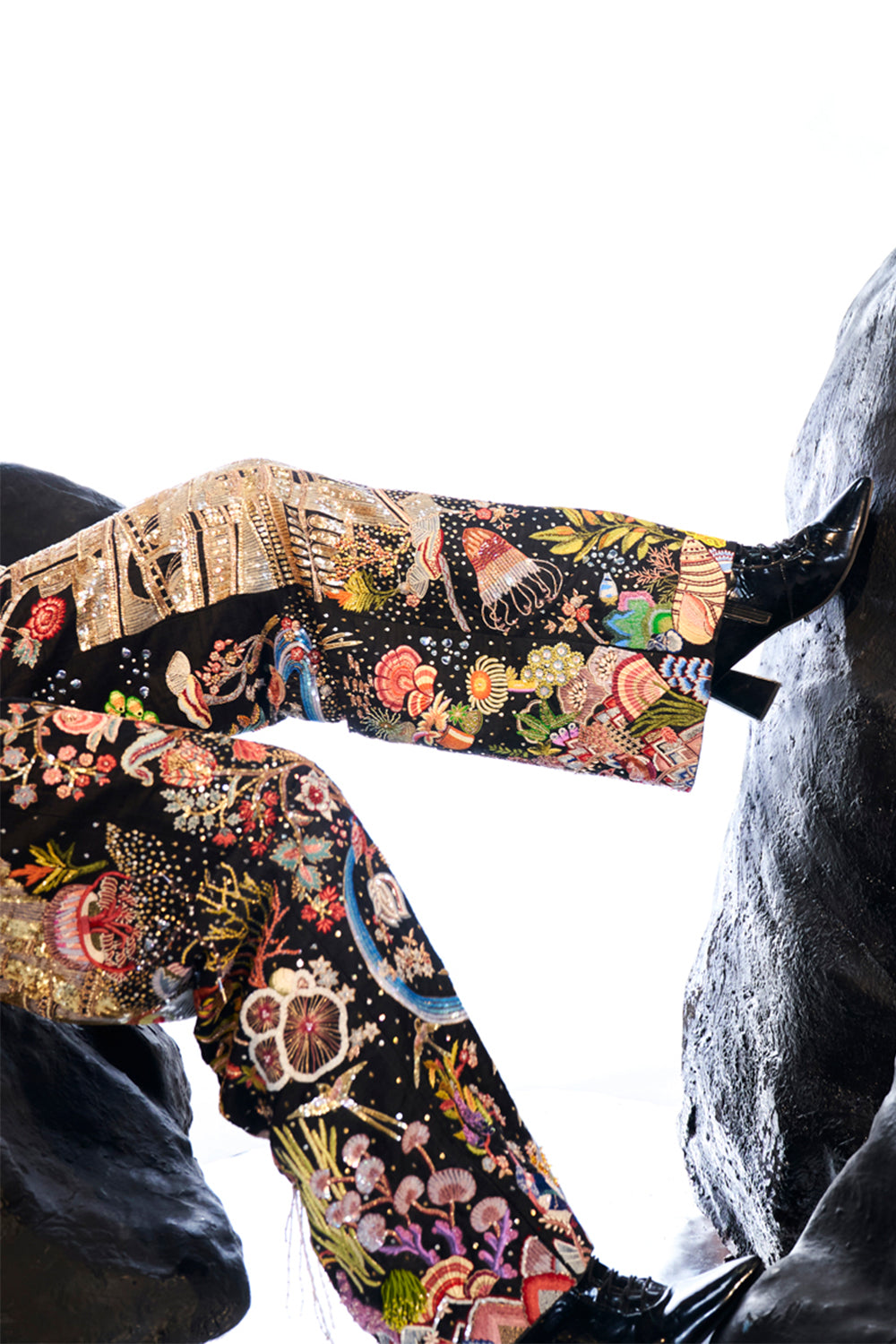 Cosmos Hand-Embroidered Jacket with Trousers in Black