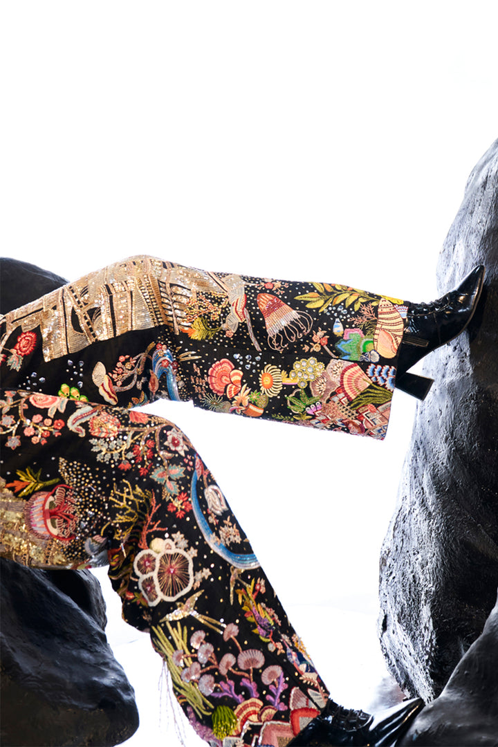 Cosmos Hand-Embroidered Jacket with Trousers in Black