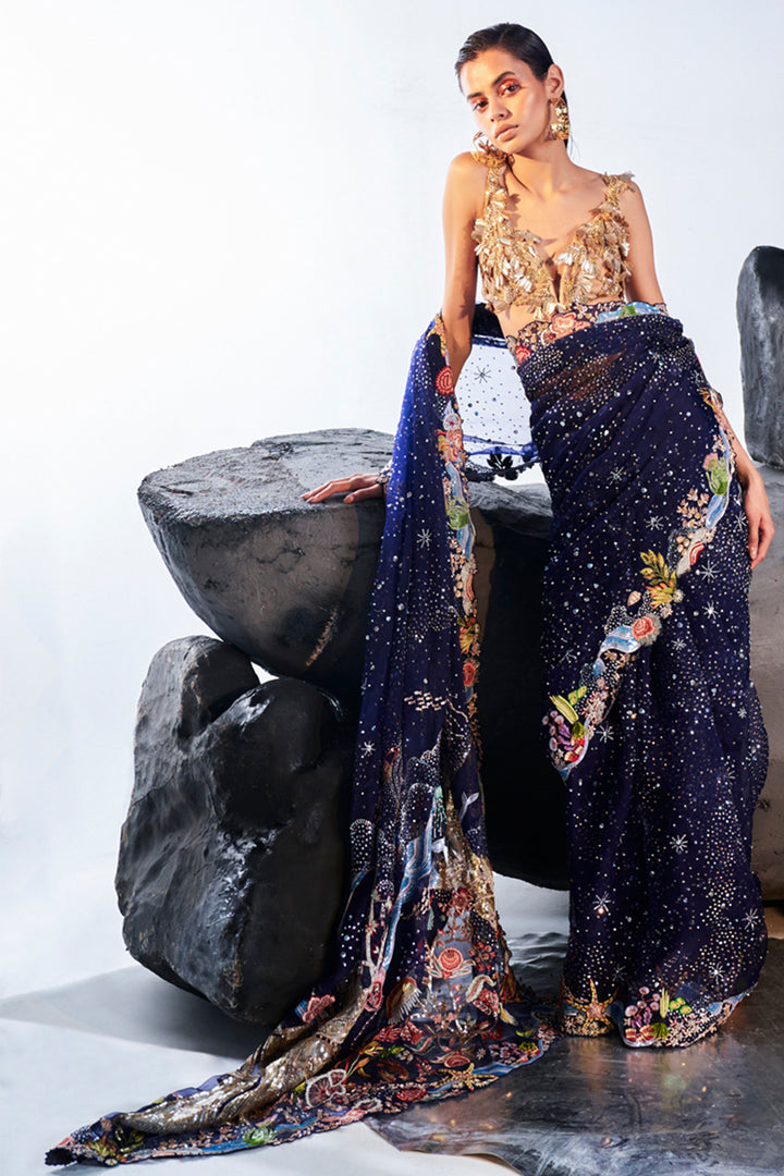 Cosmos Hand-Embroidered Saree with Verdure 3D Hand-Embroidered Blouse in Navy, Nude and Gold