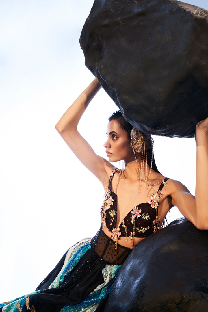 Cosmos Gold Hand-Embroidered Bralette with Water Wave 3D Hand-Embroidered Skirt in Brown, Black and Multi