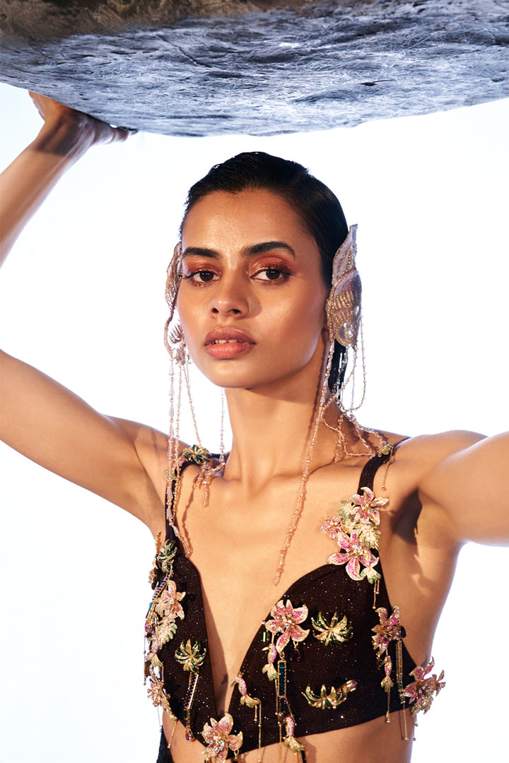 Cosmos Gold Hand-Embroidered Bralette with Water Wave 3D Hand-Embroidered Skirt in Brown, Black and Multi
