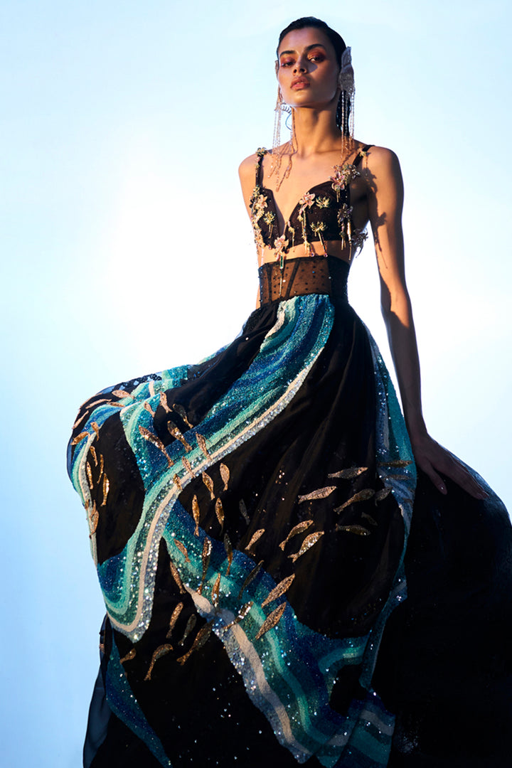 Cosmos Gold Hand-Embroidered Bralette with Water Wave 3D Hand-Embroidered Skirt in Brown, Black and Multi