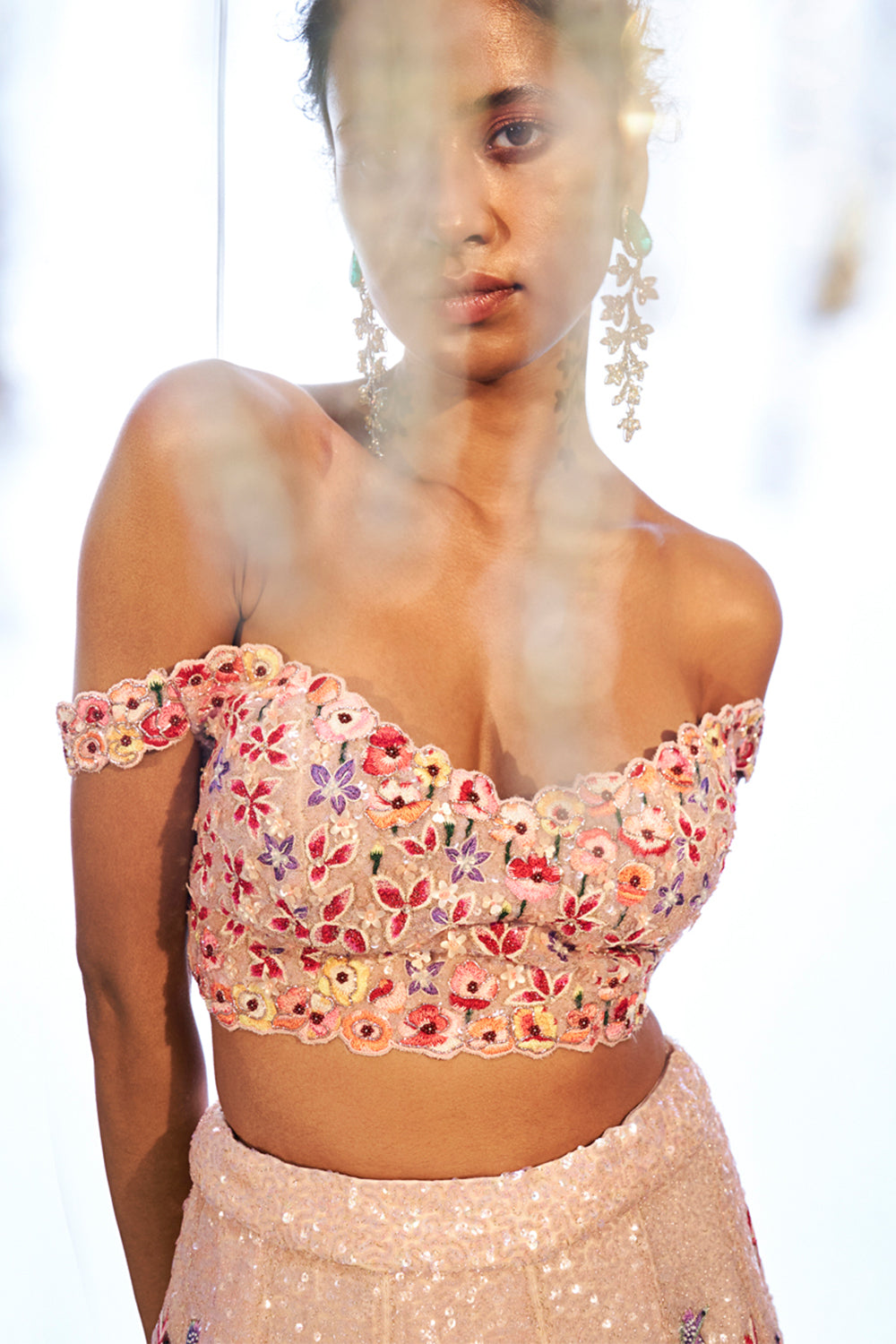 Verdure Hand-Embroidered Blouse with Hand-Sequinned Lehenga in Rose Water Pink and Multi