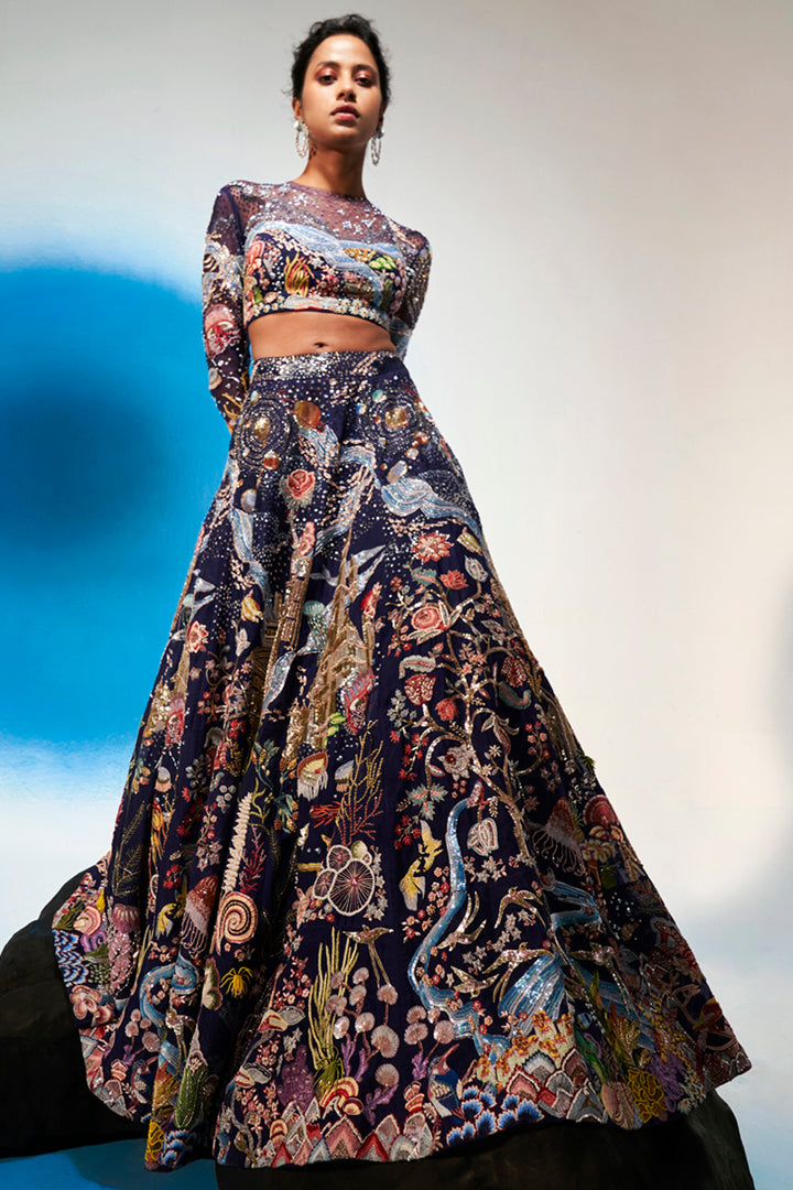 Cosmos Hand-Sequinned Lehenga Set with Blouse and Dupatta in Navy