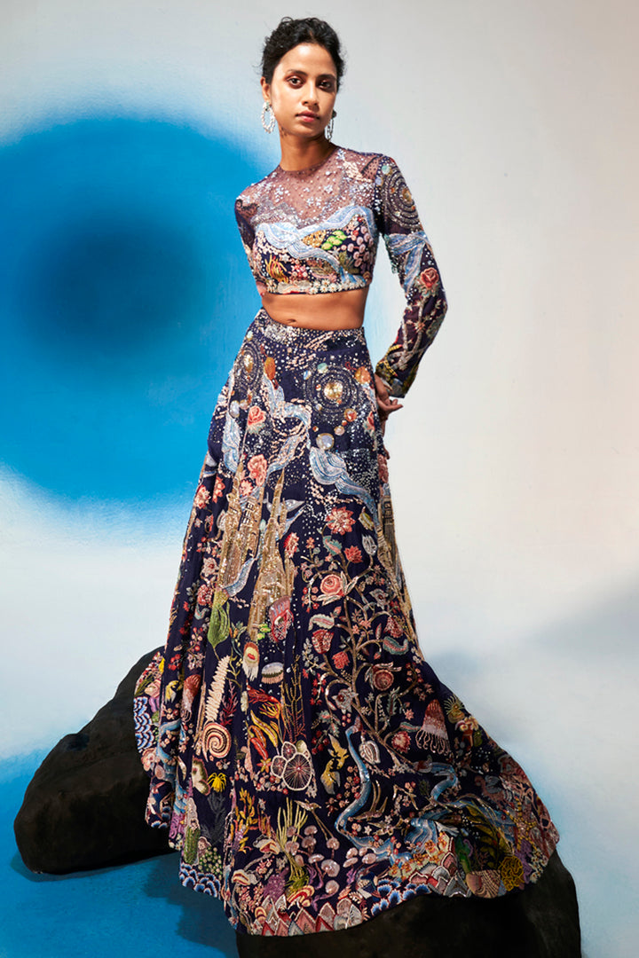 Cosmos Hand-Sequinned Lehenga Set with Blouse and Dupatta in Navy