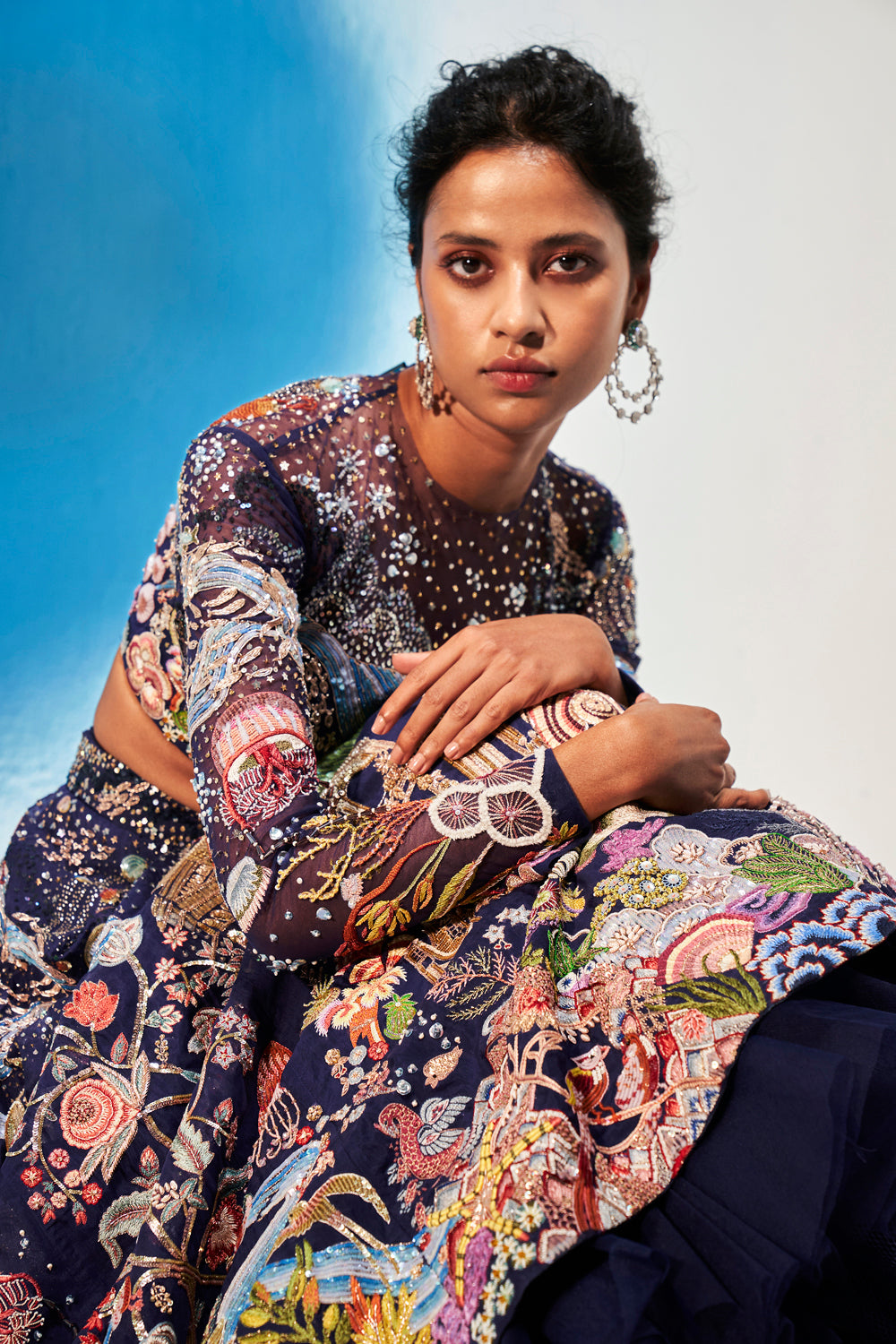Cosmos Hand-Sequinned Lehenga Set with Blouse and Dupatta in Navy