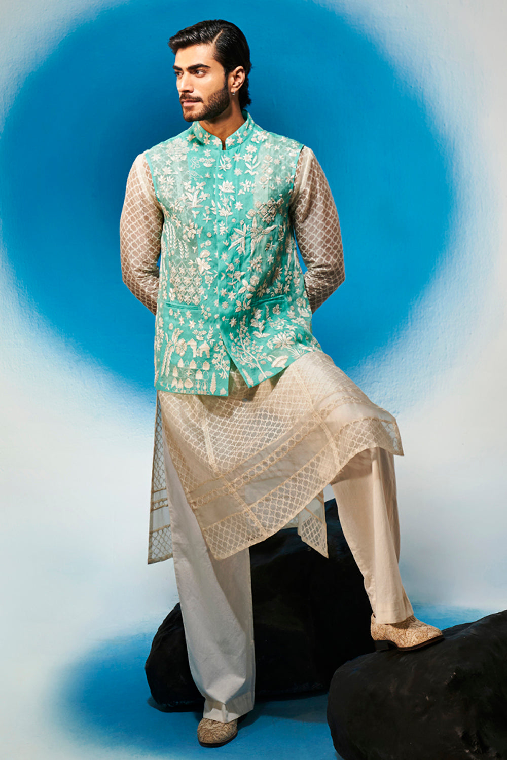 Bidri Hand-Sequinned Bandi in Teal