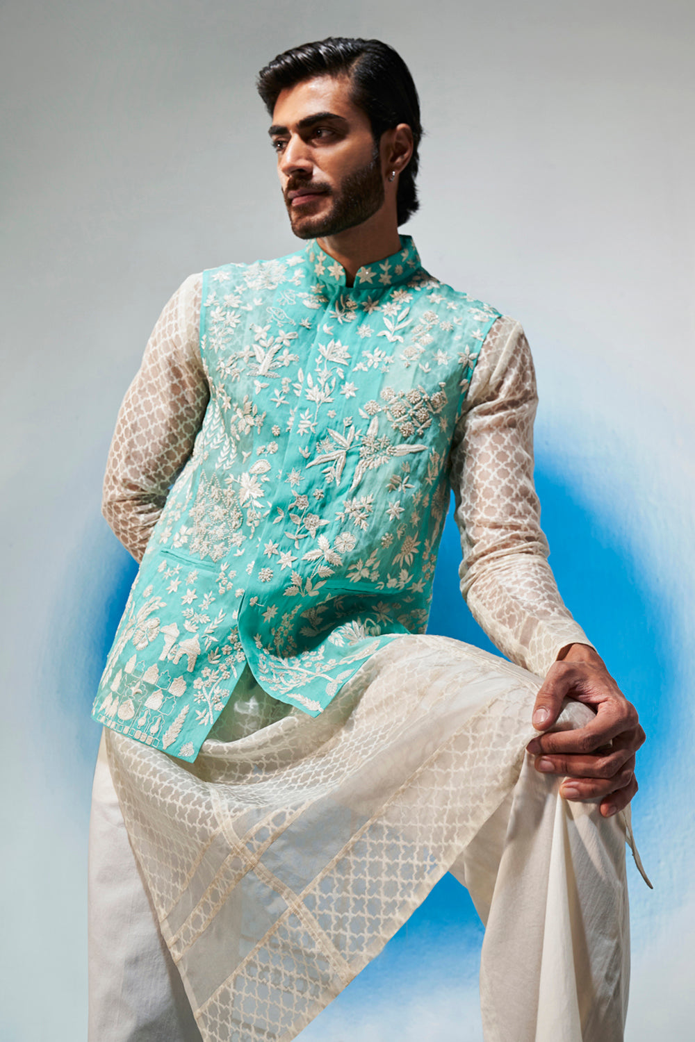 Bidri Hand-Sequinned Bandi in Teal
