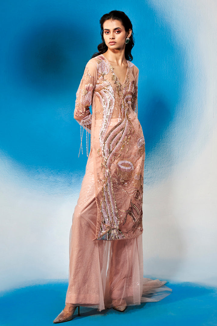 Water Wave Hand-Embroidered Kurta in Rose Pink