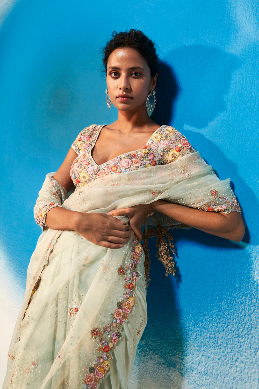 Navbhumi Hand-Embroidered Saree with Kayra Jaal Hand-Embroidered Blouse in Mint