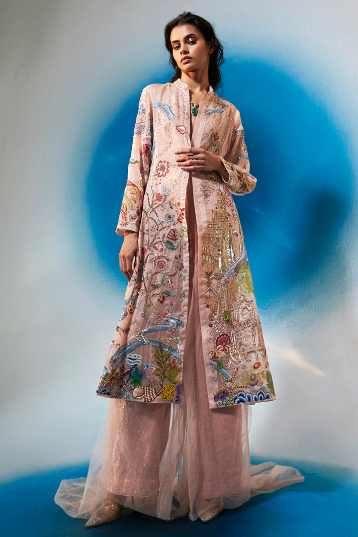 Cosmos Silk Organza Kurta in Rose Water Pink and Multi