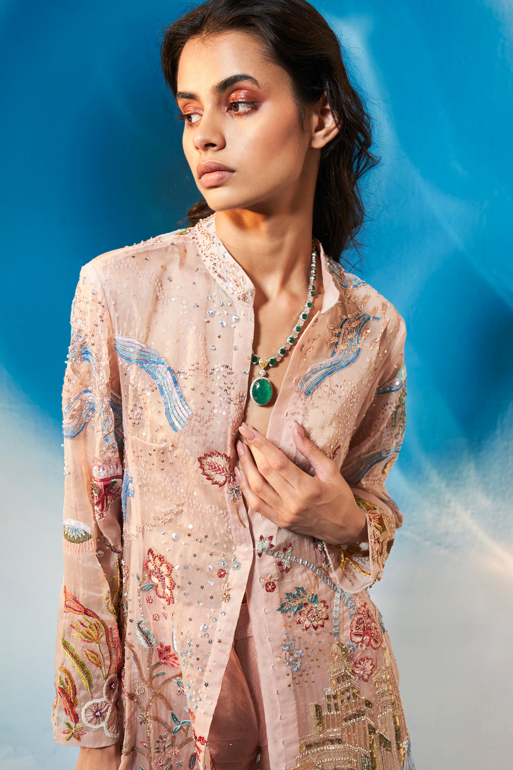 Cosmos Silk Organza Kurta in Rose Water Pink and Multi