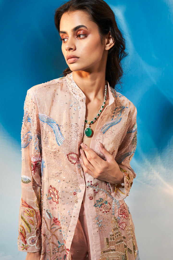 Cosmos Silk Organza Kurta in Rose Water Pink and Multi
