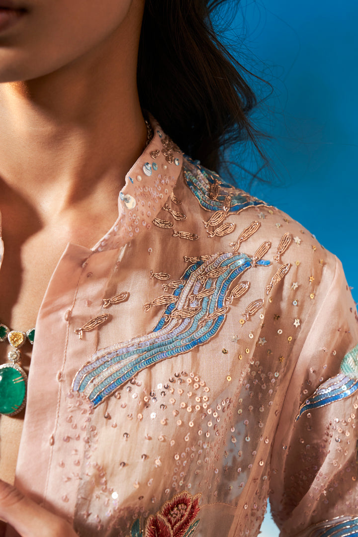 Cosmos Silk Organza Kurta in Rose Water Pink and Multi
