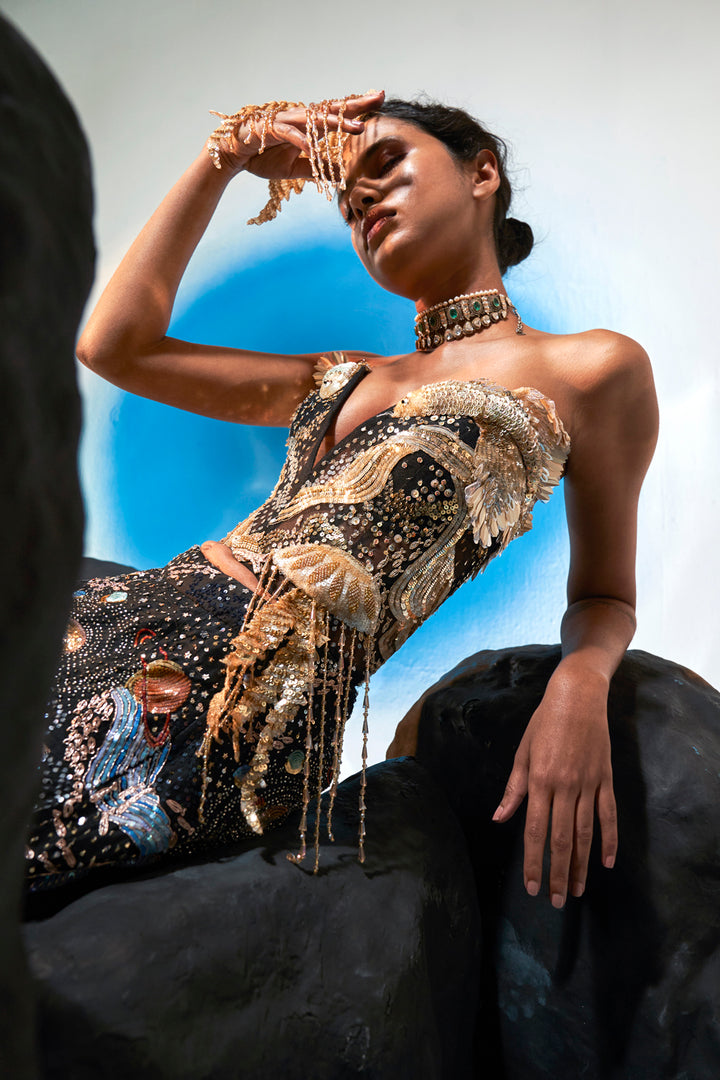 Cosmos Gold Corset with Hand-Sequinned Lehenga in Black, Gold and Navy