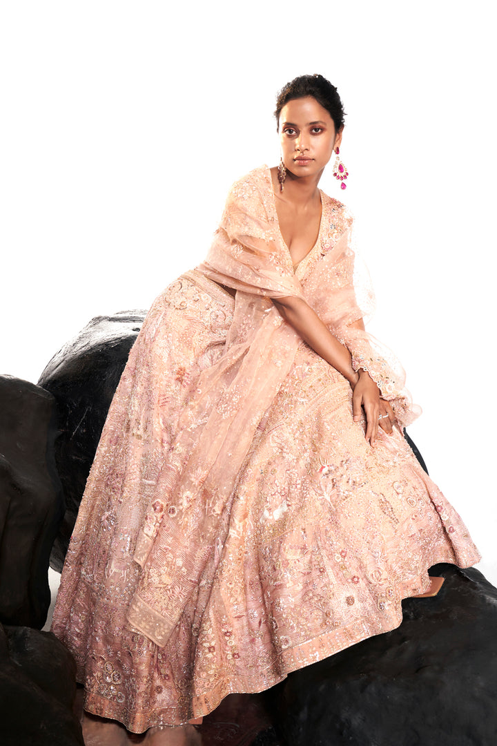 Navbhumi Hand-Embroidered Lehenga Set with Blouse and Dupatta in Rose Pink