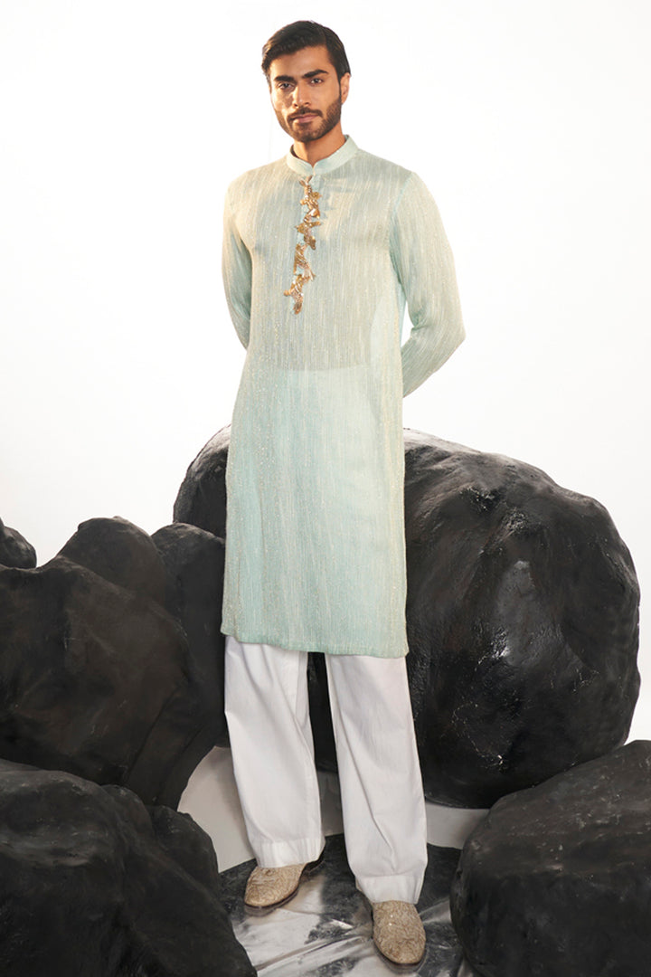 Cosmos 3D Hand-Embroidered Kurta in Aqua Teal