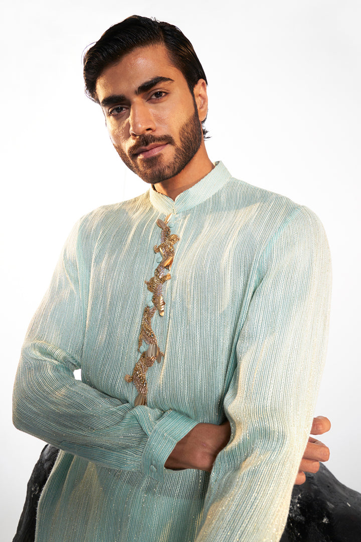 Cosmos 3D Hand-Embroidered Kurta in Aqua Teal