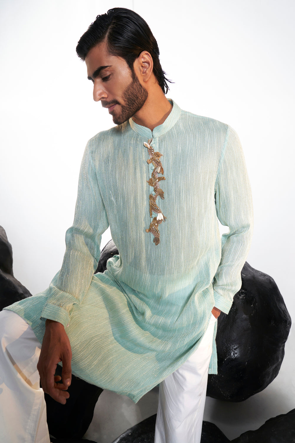 Cosmos 3D Hand-Embroidered Kurta in Aqua Teal
