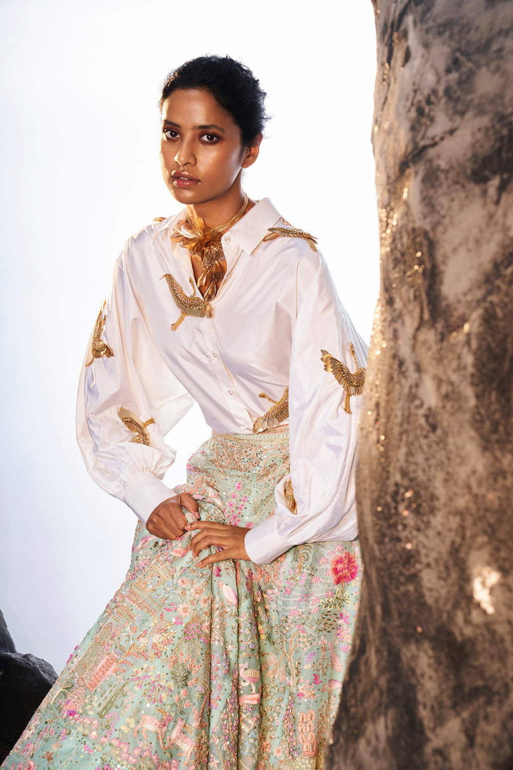 Cosmos 3D Hand-Embroidered Shirt with Navbhumi Hand-Embroidered Lehenga in White, Teal and Multi