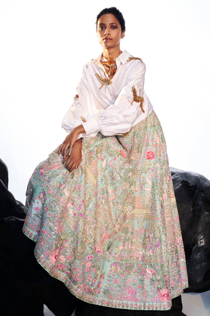 Cosmos 3D Hand-Embroidered Shirt with Navbhumi Hand-Embroidered Lehenga in White, Teal and Multi