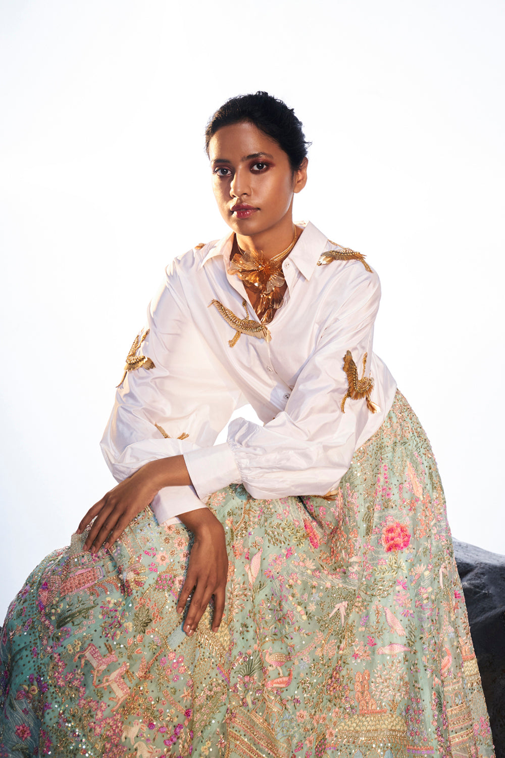 Cosmos 3D Hand-Embroidered Shirt with Navbhumi Hand-Embroidered Lehenga in White, Teal and Multi