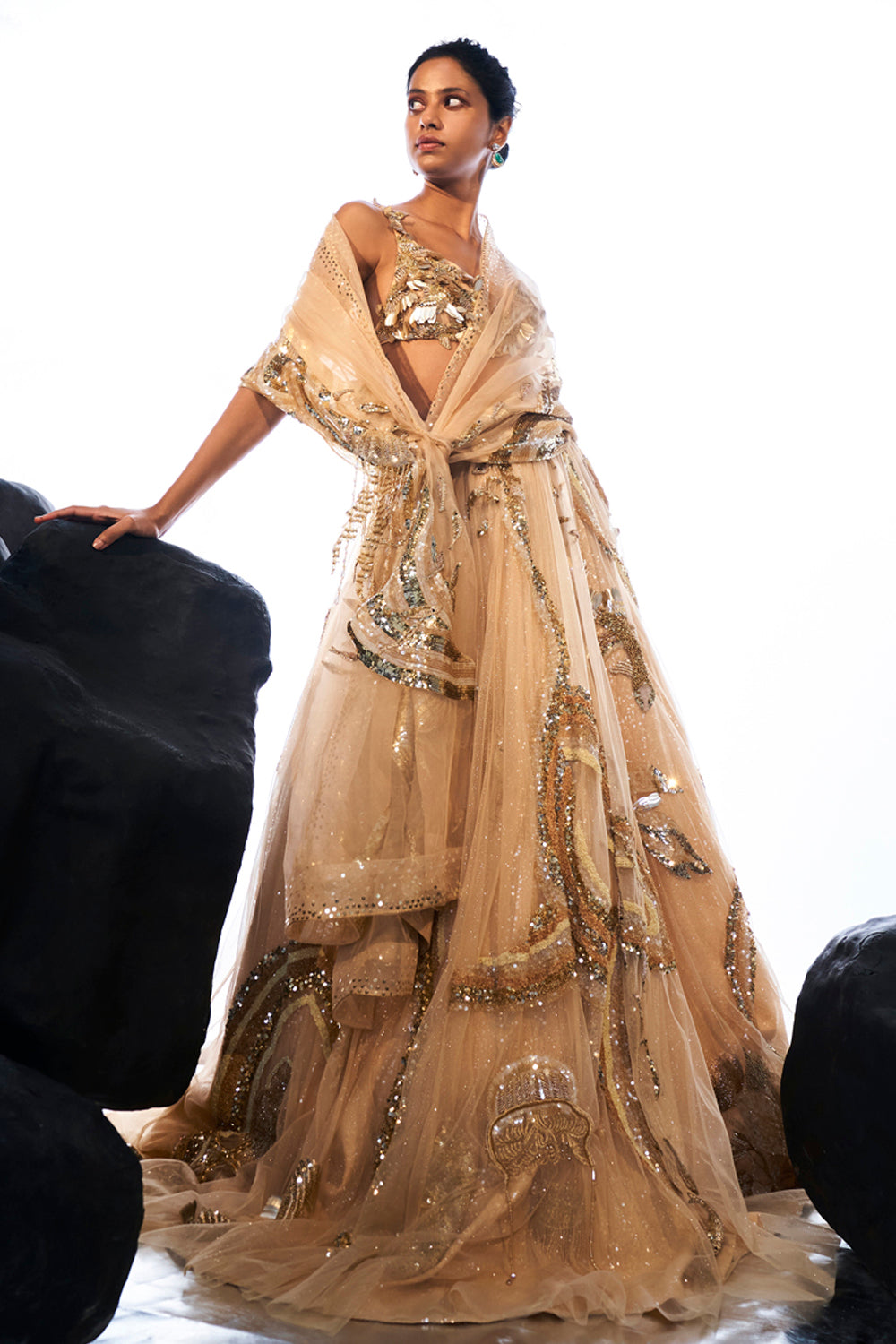 Verdure 3D Blouse with Cosmos Lehenga and Dupatta in Nude and Gold