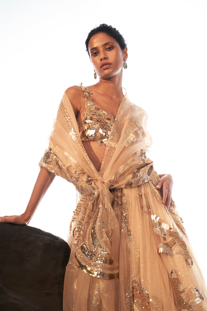 Verdure 3D Blouse with Cosmos Lehenga and Dupatta in Nude and Gold