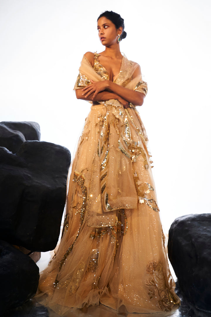 Verdure 3D Blouse with Cosmos Lehenga and Dupatta in Nude and Gold