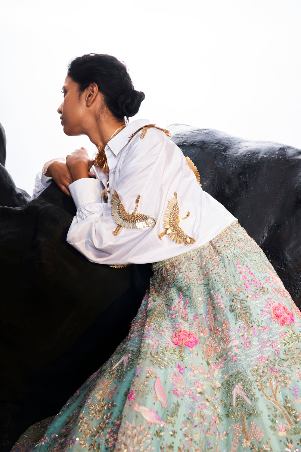 Cosmos 3D Hand-Embroidered Shirt with Navbhumi Hand-Embroidered Lehenga in White, Teal and Multi