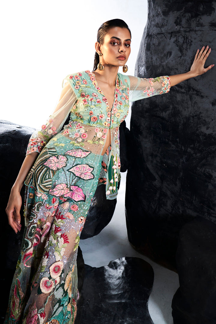 Verdure Hand-Embroidered Jacket with Hand-Sequinned Trousers in Mint and Multi