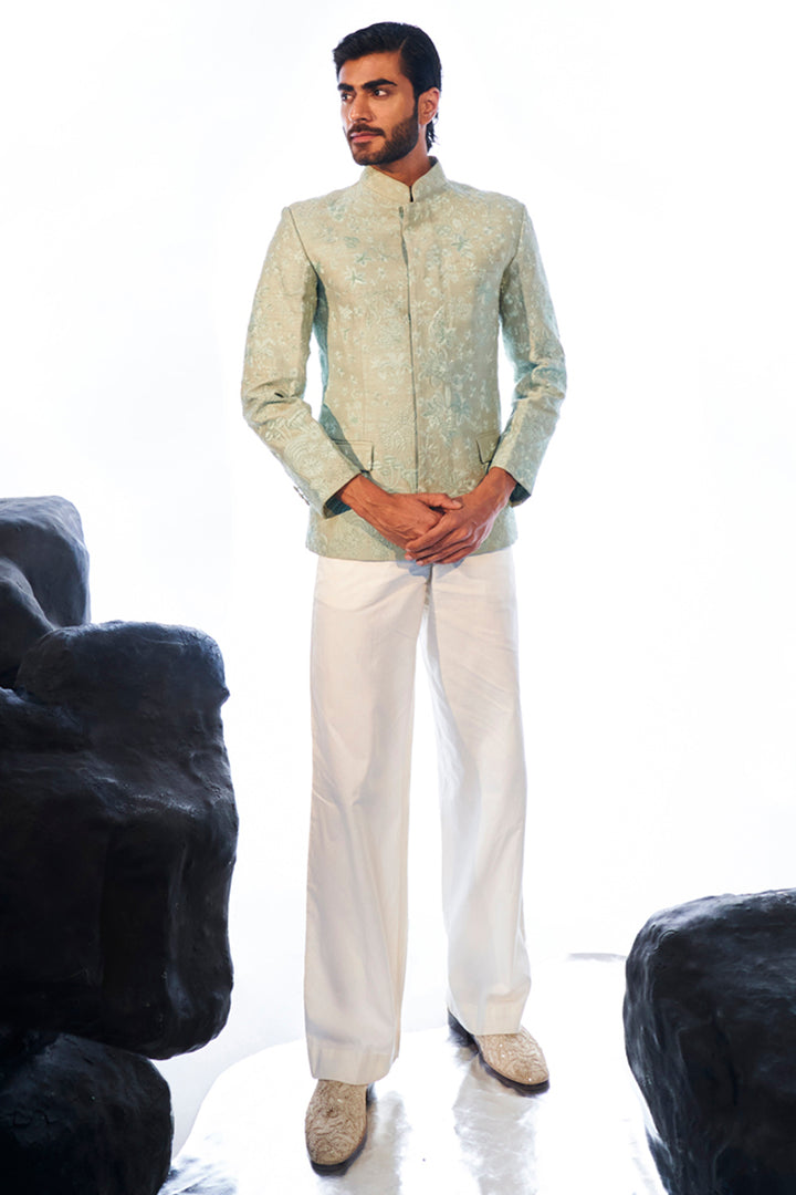 Alankrit Tonal Hand-Embroidered Bandhgala in Mint