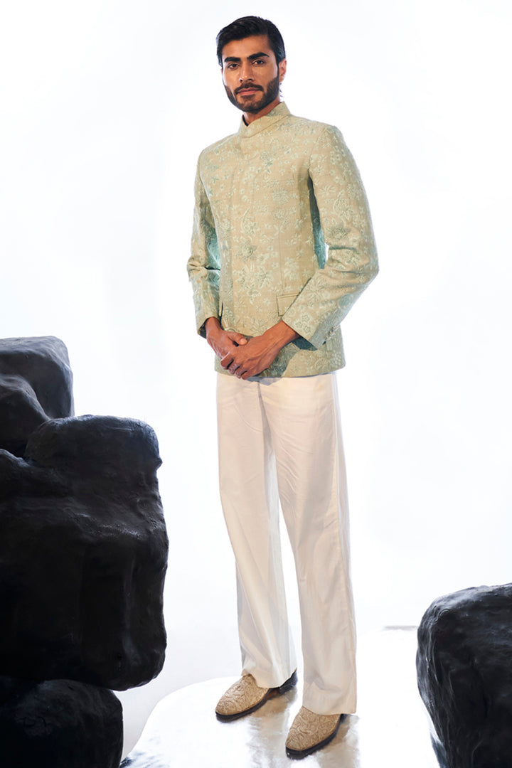 Alankrit Tonal Hand-Embroidered Bandhgala in Mint