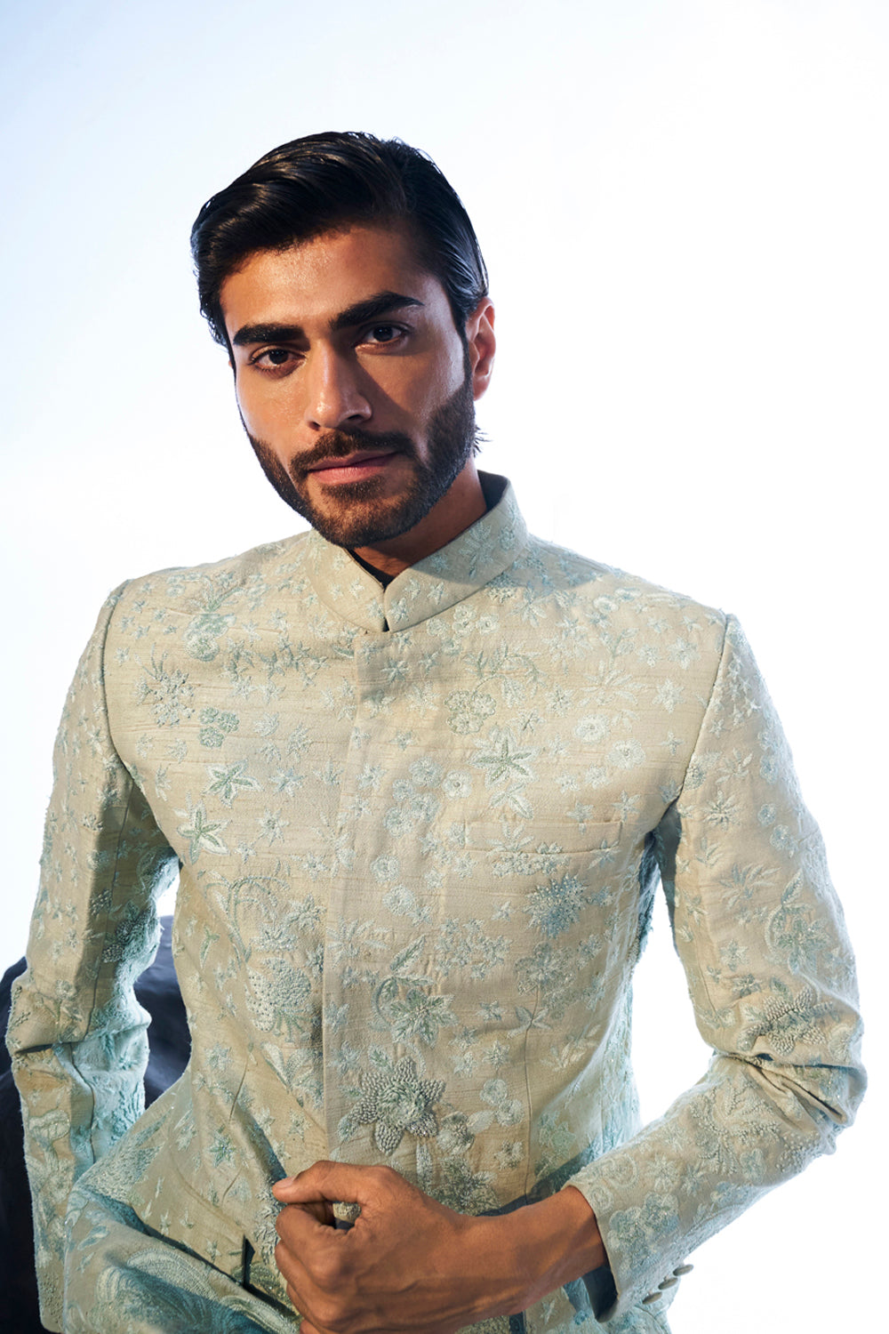 Alankrit Tonal Hand-Embroidered Bandhgala in Mint