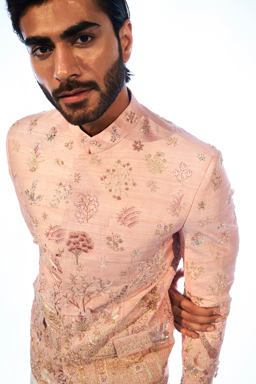 Navbhumi Tonal Hand-Embroidered Bandhgala in Rose Pink