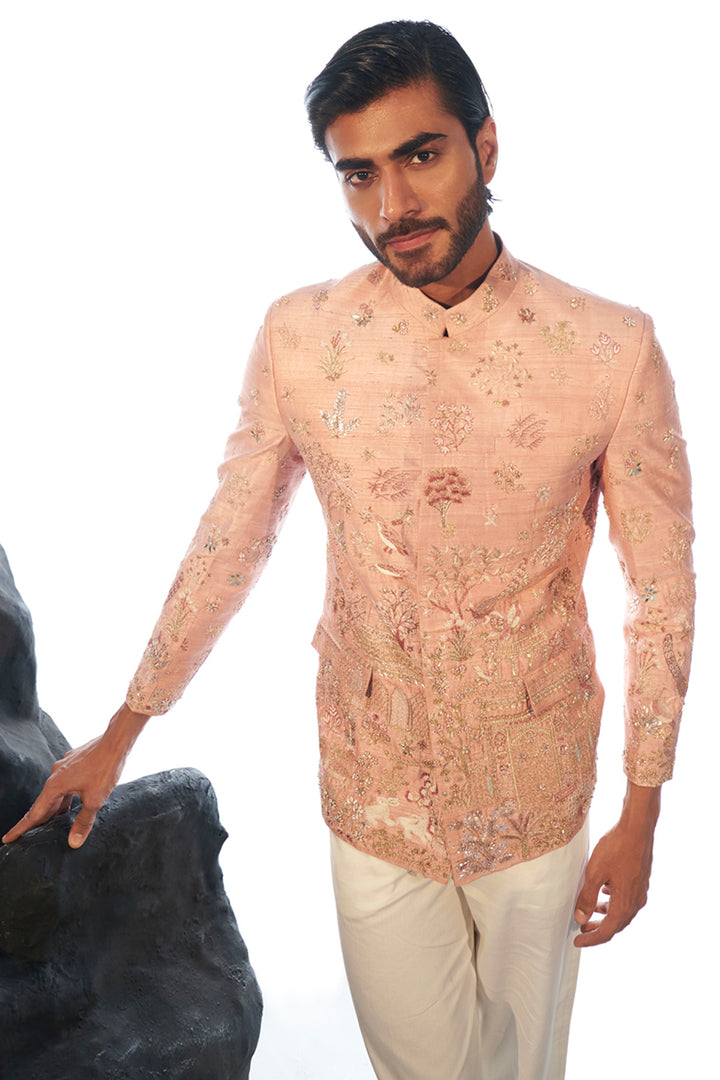 Navbhumi Tonal Hand-Embroidered Bandhgala in Rose Pink