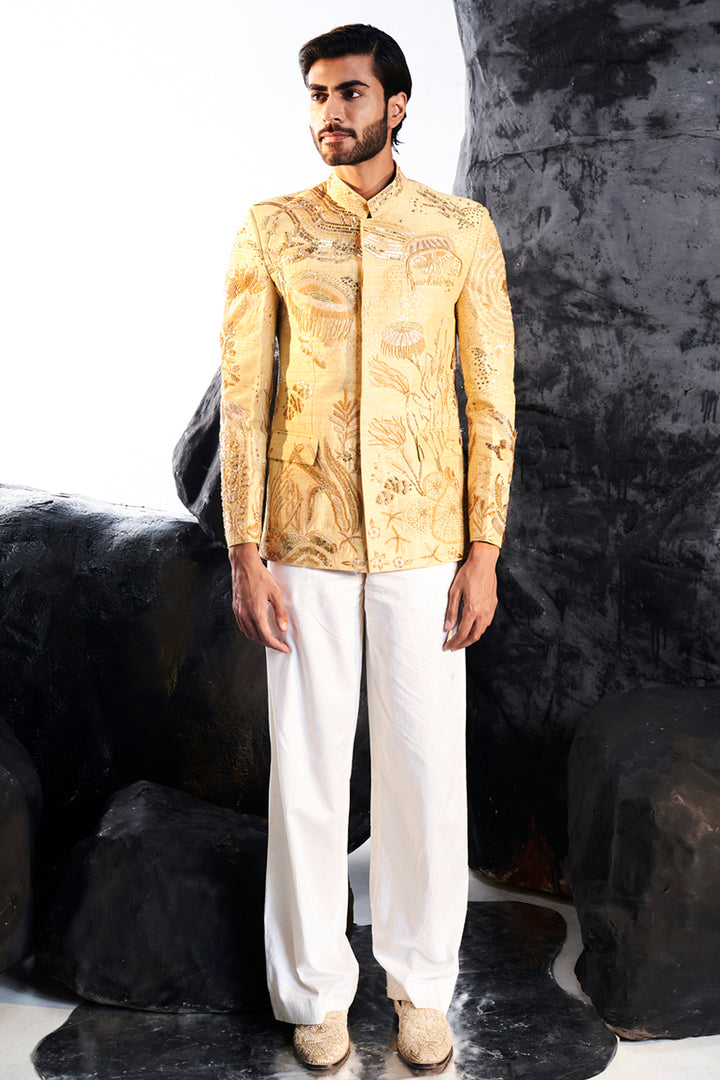 Water Wave Gold Hand-Embroidered Bandhgala in Nude and Gold