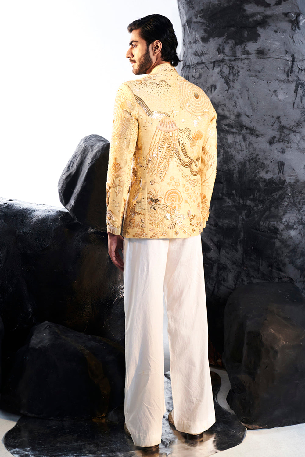 Water Wave Gold Hand-Embroidered Bandhgala in Nude and Gold