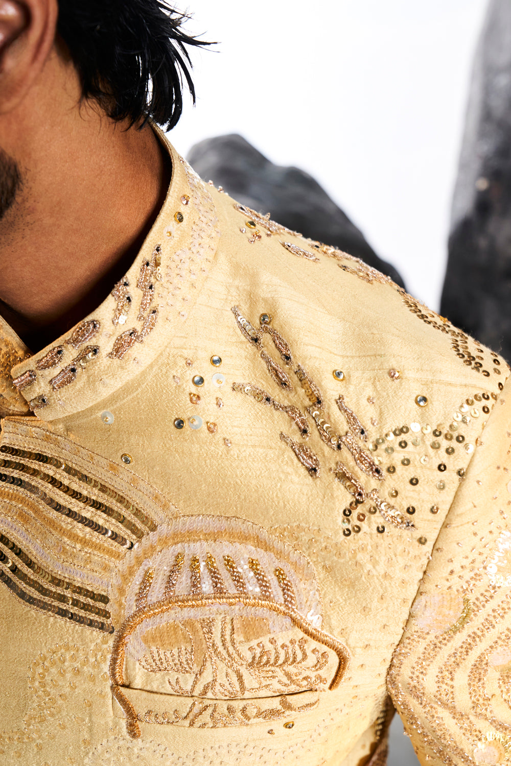 Water Wave Gold Hand-Embroidered Bandhgala in Nude and Gold