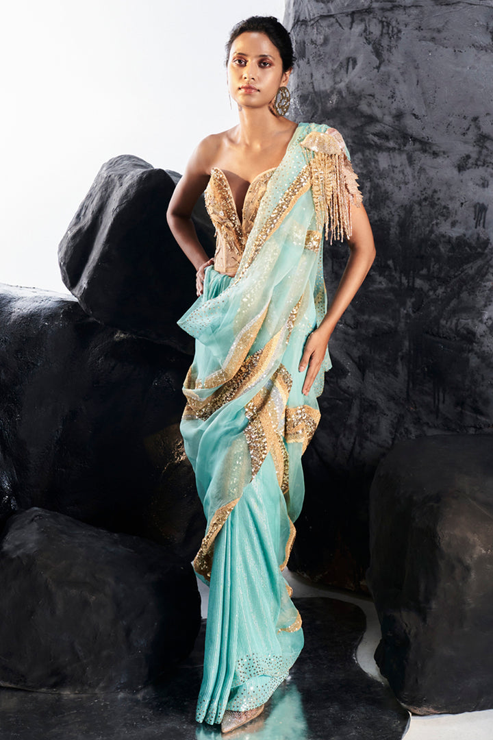 Cosmos 3D Hand-Embroidered Corset with Water Wave 3D Hand-Embroidered Saree in Nude and Gold