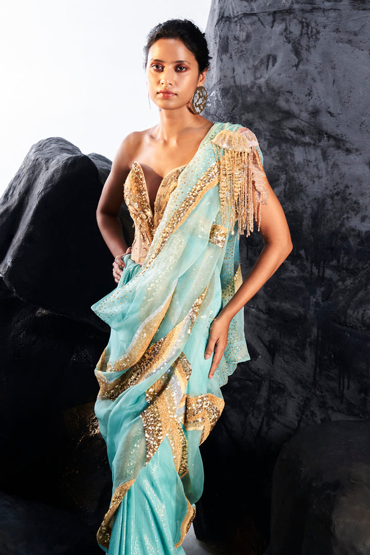 Cosmos 3D Hand-Embroidered Corset with Water Wave 3D Hand-Embroidered Saree in Nude and Gold