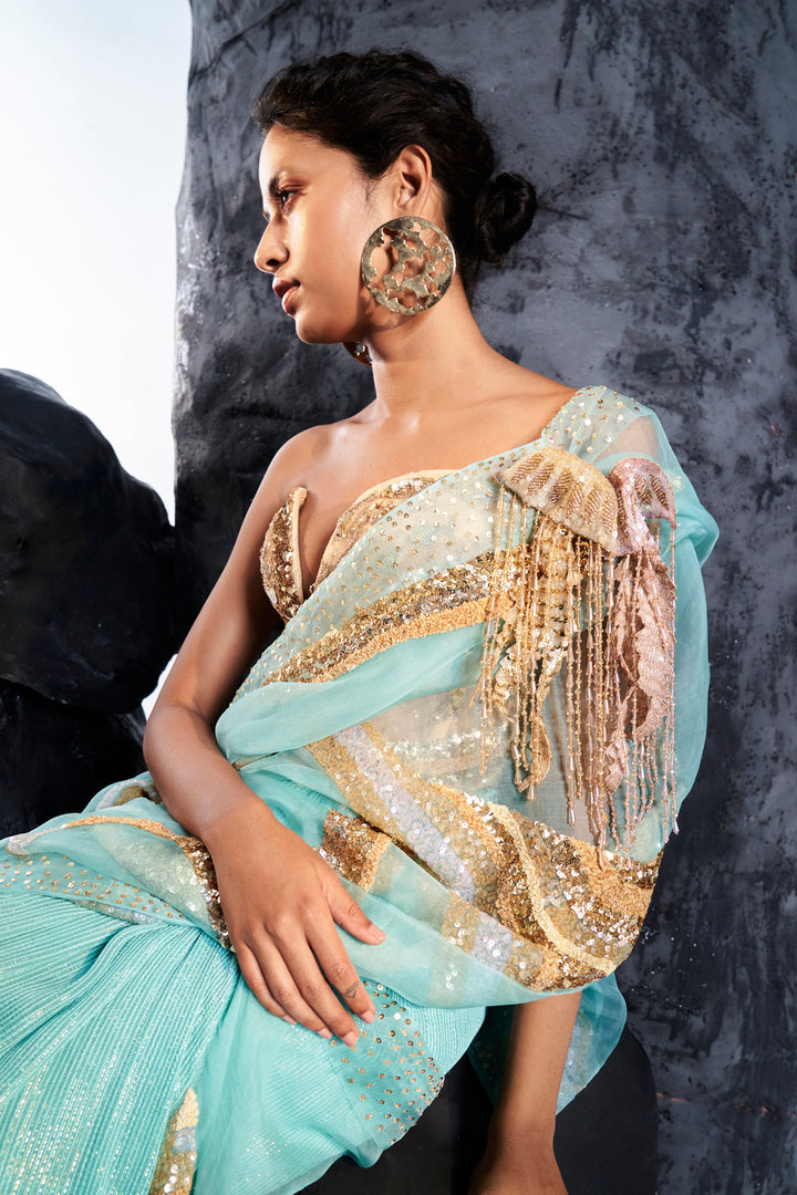 Cosmos 3D Hand-Embroidered Corset with Water Wave 3D Hand-Embroidered Saree in Nude and Gold