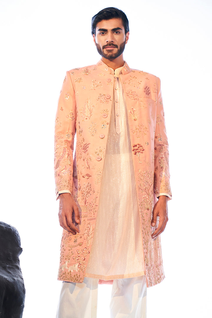Navbhumi Hand-Embroidered Sherwani Set with Kurta in Rose Pink