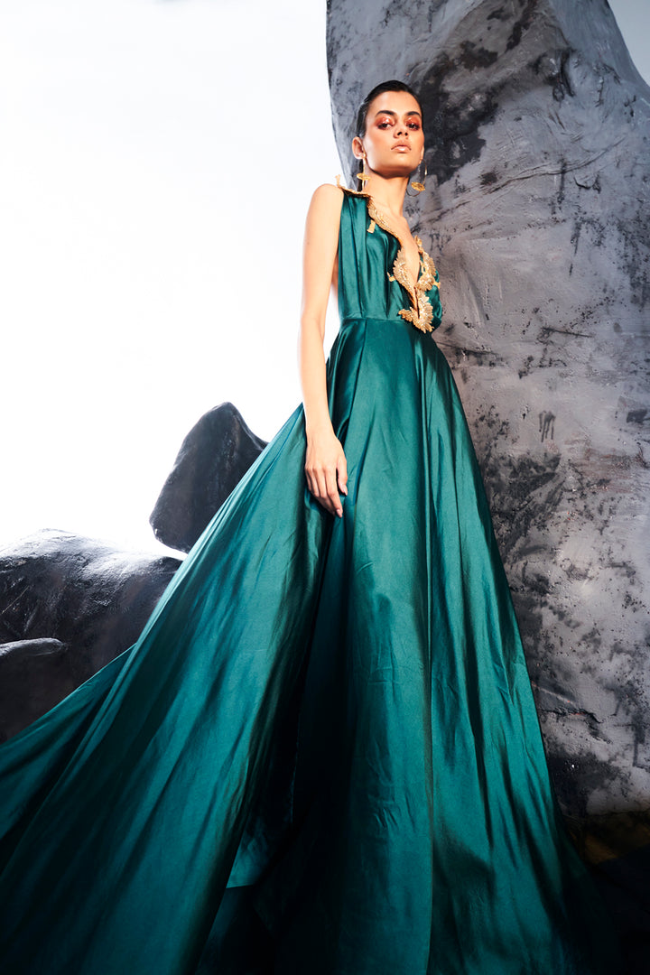 Cosmos 3D Hand-Embroidered Gown in Green
